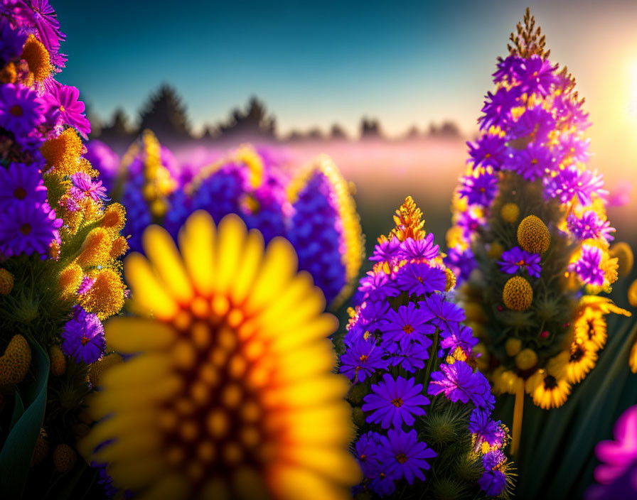 Colorful Wildflowers in Golden Sunlight with Dreamy Blurred Background