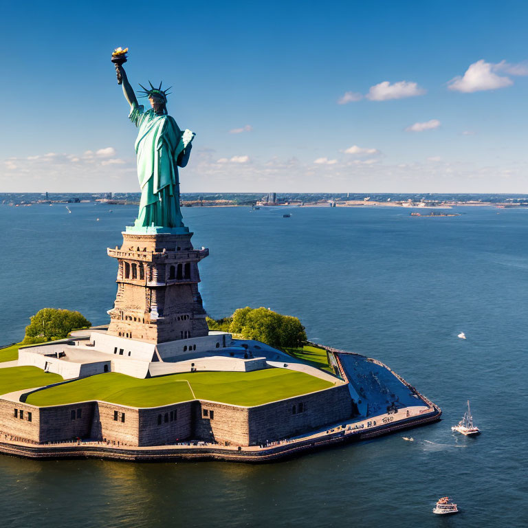 Statue of Liberty on star-shaped fort base with boats in blue waters