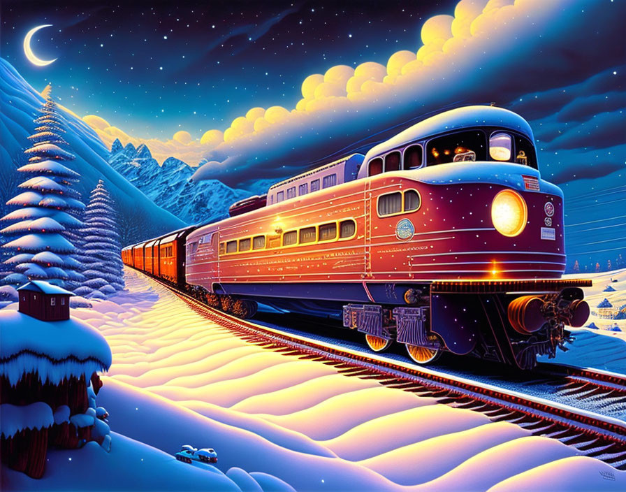 Vintage train in snowy moonlit landscape with pine trees