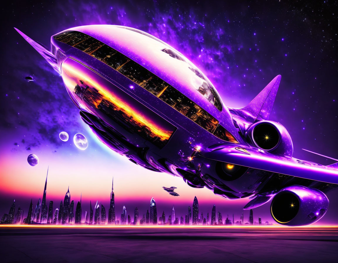 Futuristic spaceship with purple and orange highlights in twilight cityscape