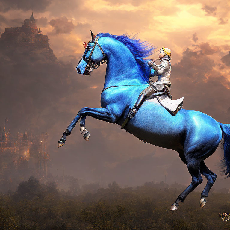 Knight in Shining Armor on Blue Horse near Castle at Dusk