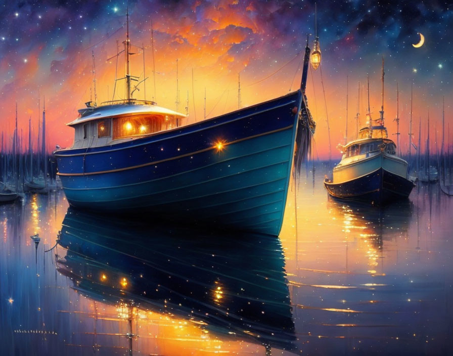Tranquil digital painting of boats on calm waters at twilight