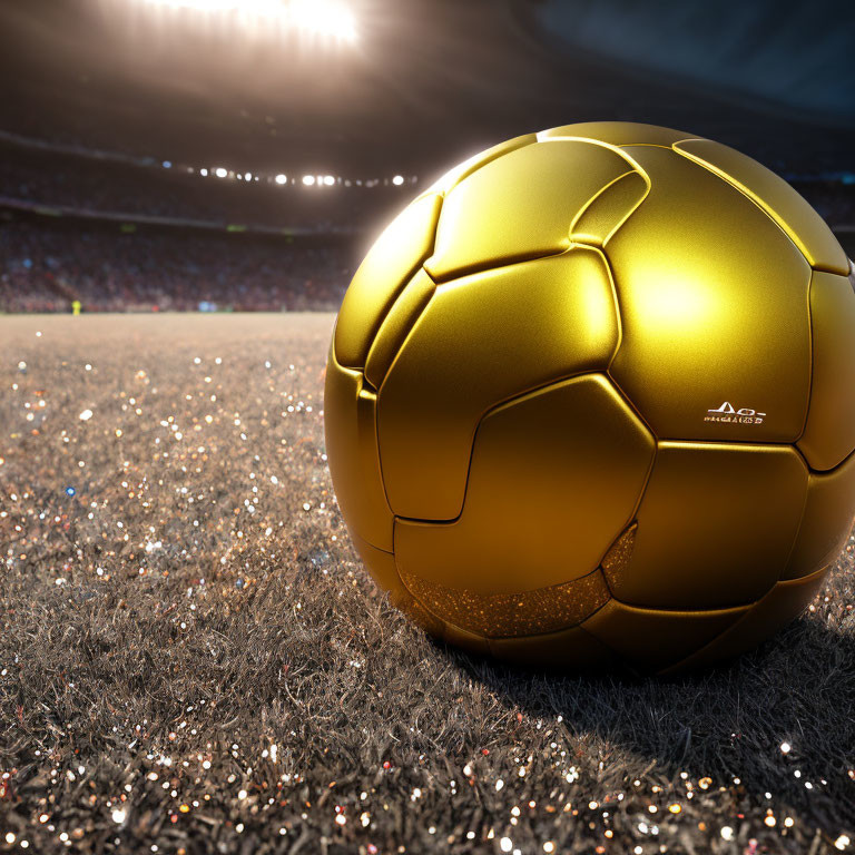 Golden Soccer Ball on Glittering Field with Stadium Full of Spectators