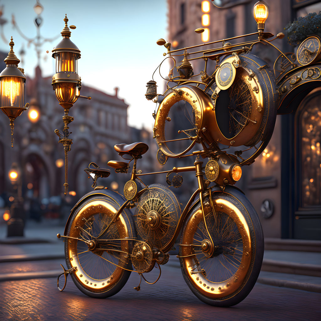Steampunk-style bicycle with brass detailing in city backdrop