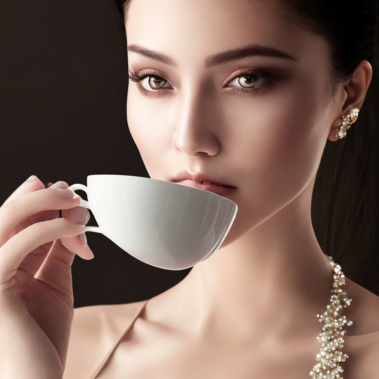 Elegant person with subtle makeup holding white cup against dark background