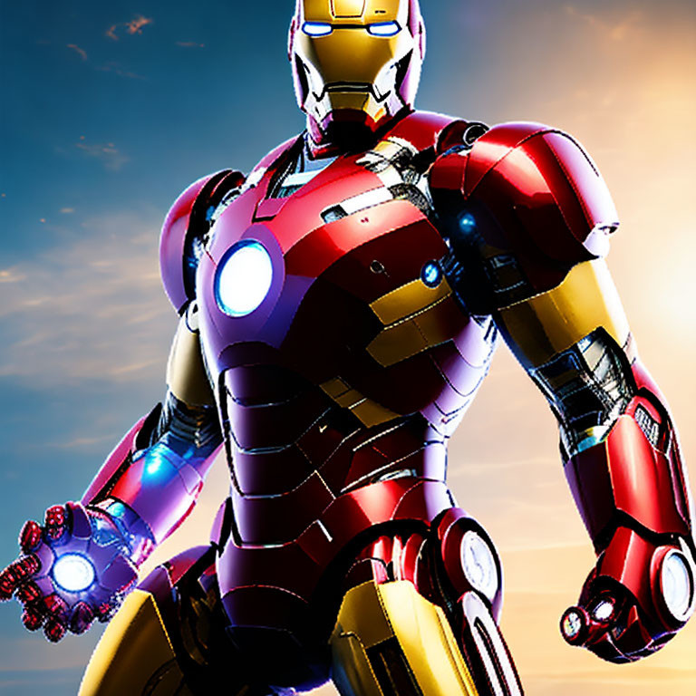 Red and Gold Armored Figure with Glowing Chest Piece and Hand Repulsors on Sky Background