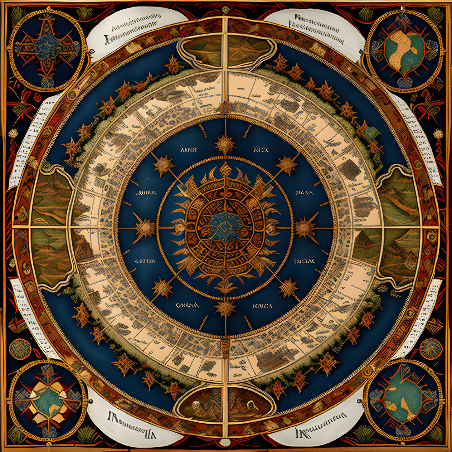 Detailed Astrological Chart with Zodiac Signs and Celestial Symbols