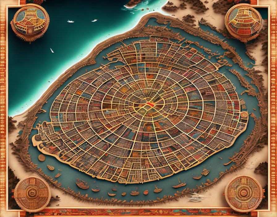 Circular walled city map with radial streets, central circles, water, ships, hot air balloons