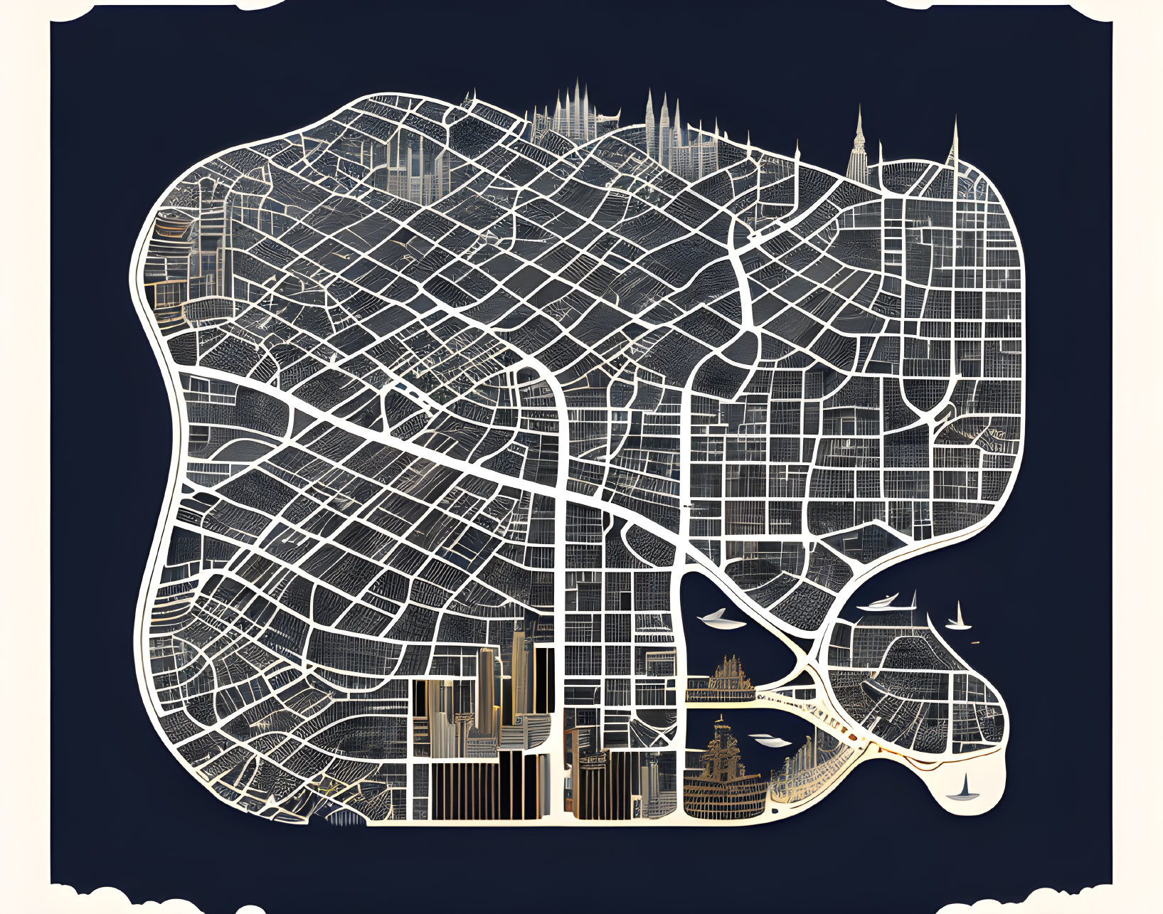 Detailed Gold and White City Map Illustration on Navy Background