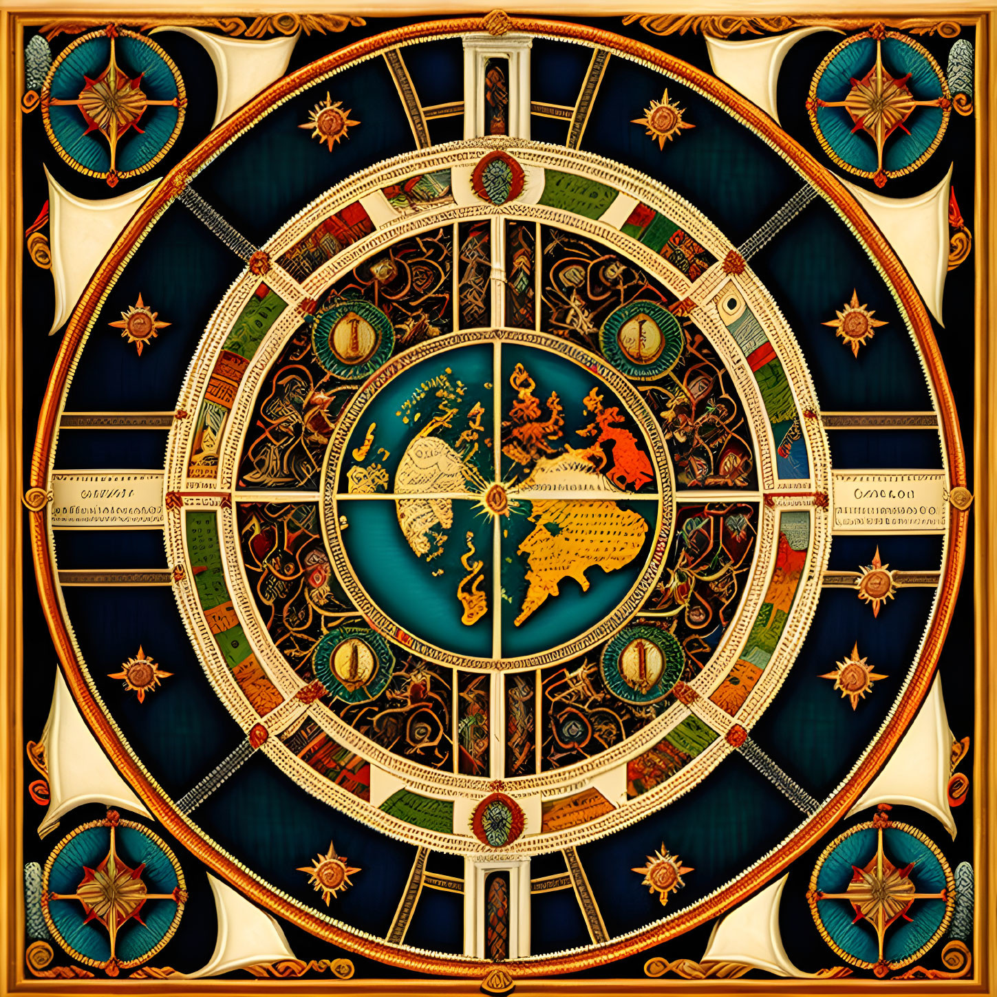 Circular Astrolabe with Zodiac Signs and Earth Map on Dark Background