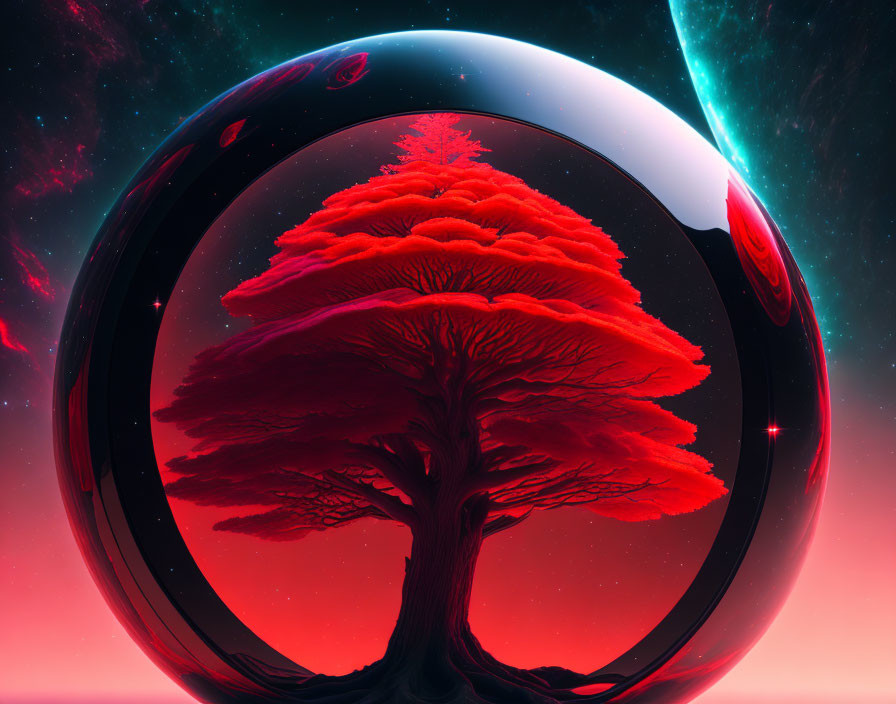 Vibrant red tree in glossy sphere against cosmic backdrop
