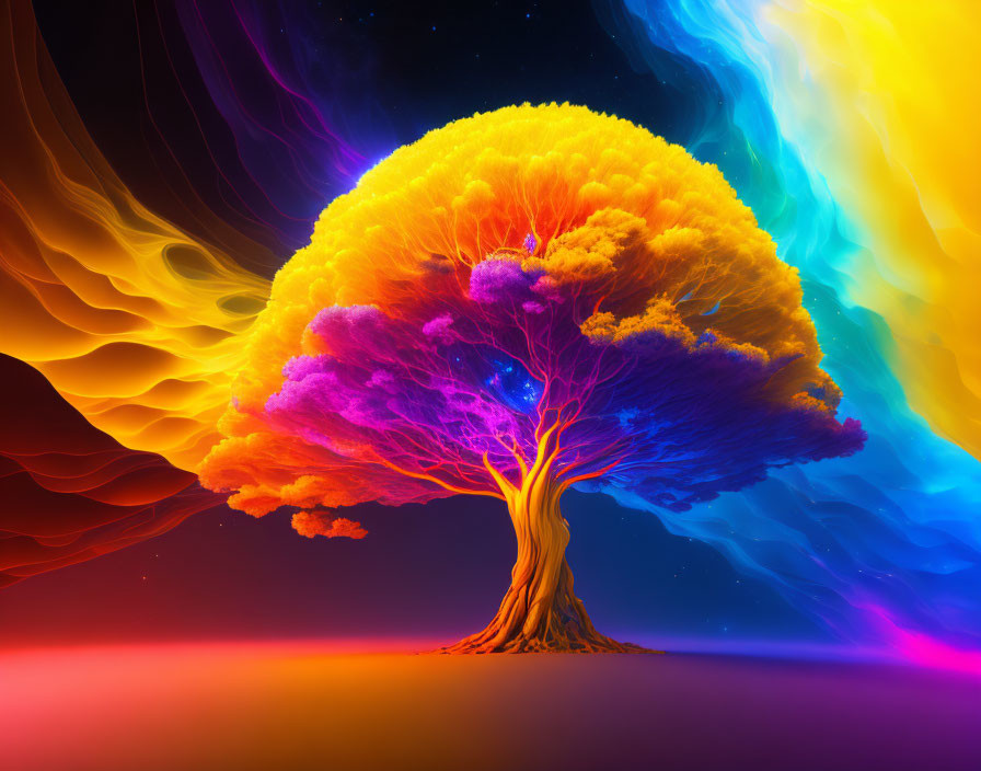 Colorful Tree Digital Artwork on Swirling Background