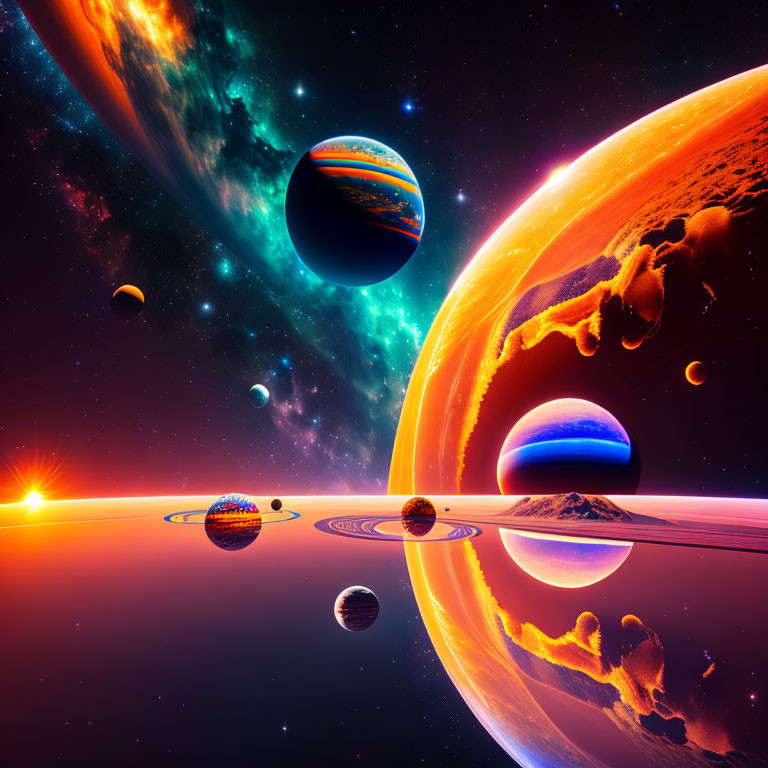 Colorful cosmic scene with planets, glowing sun, and nebulae in vibrant hues.