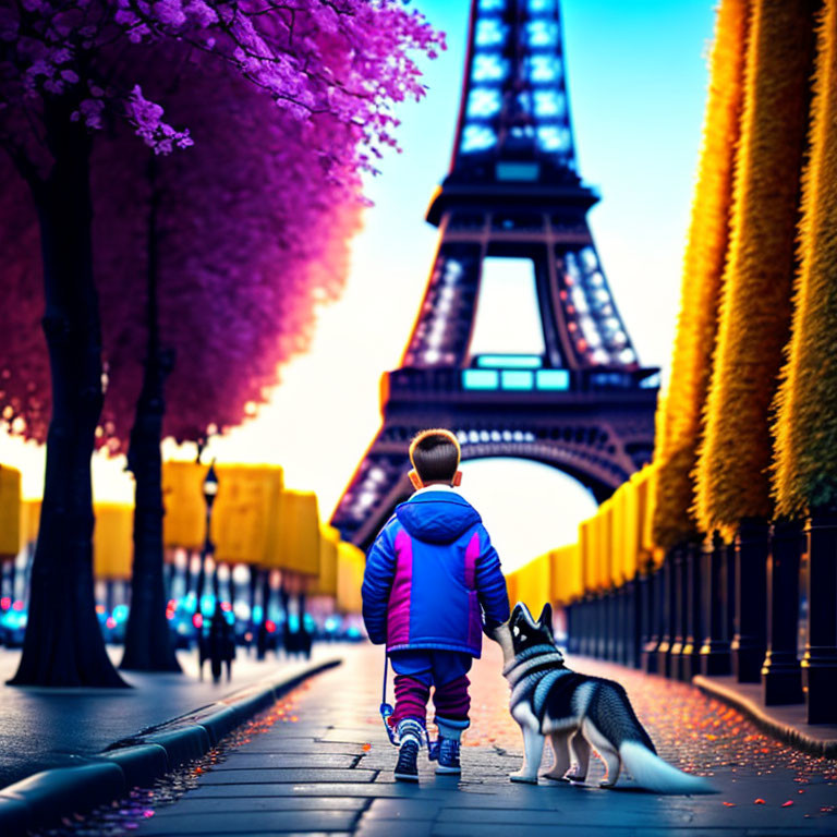 Child and dog walking towards Eiffel Tower at twilight amid blooming trees and trimmed hedges