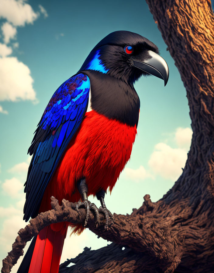 Colorful Bird with Blue Wings and Red Chest Perched on Twisted Branch