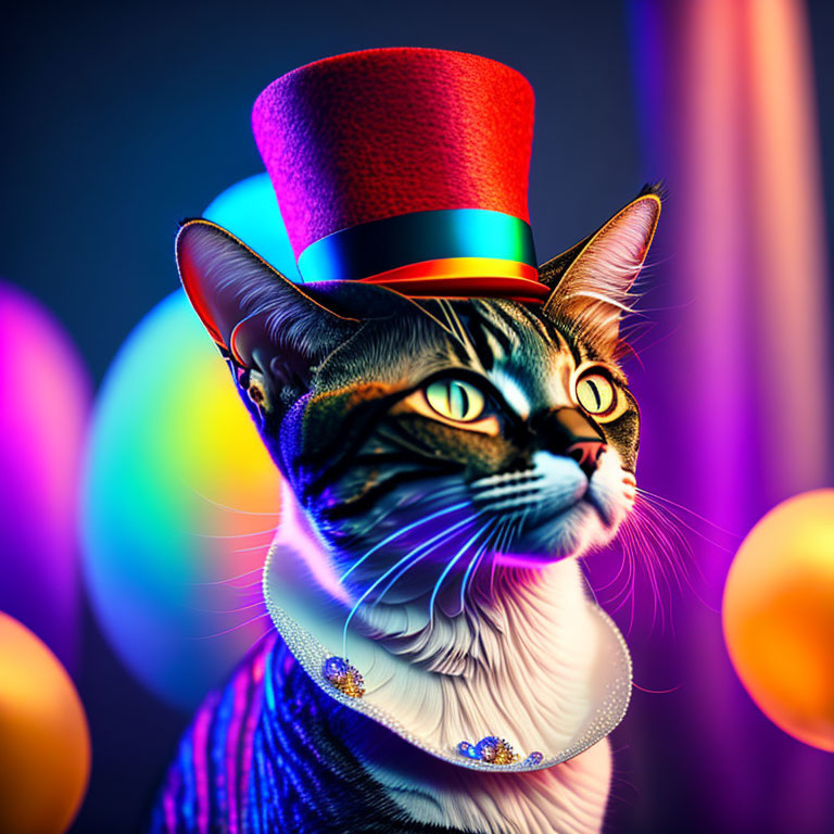 Colorful Cat in Red Top Hat with Blue Ribbon & Gemstone Necklace