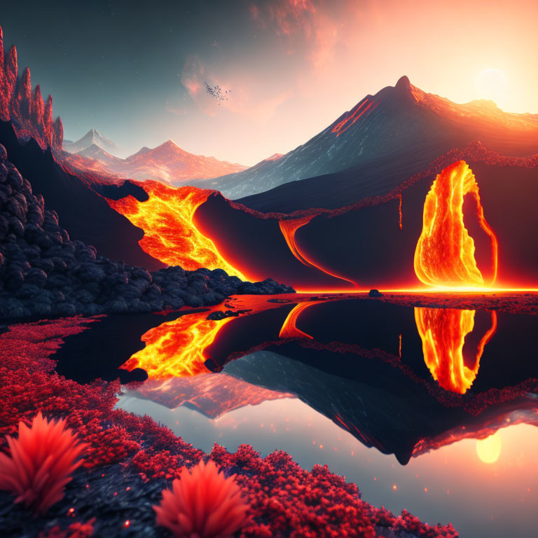 Vibrant landscape: lava flows, mountains, sunset, lake, dramatic sky