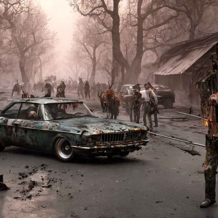 Survivors and zombies in post-apocalyptic setting with burned-out cars and desolate trees in haze