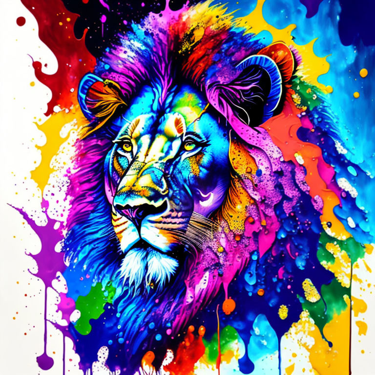 Vibrant lion face painting with colorful splashes