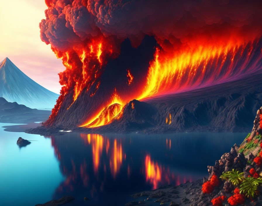 Volcanic eruption by lake with lava flows under red and blue sky