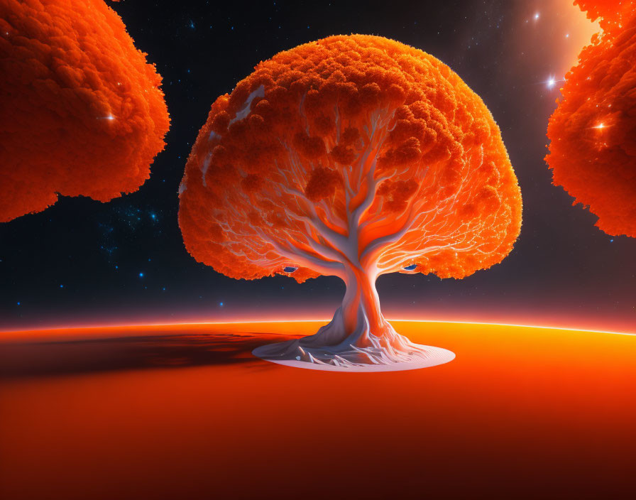 Vibrant orange trees in surreal landscape against starry sky