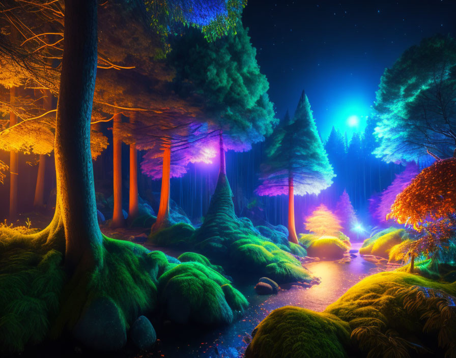 Enchanting night forest with neon lights, stream, glowing trees, and starry sky