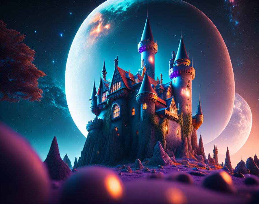 Fantastical castle with spires under surreal starry sky and gigantic moon