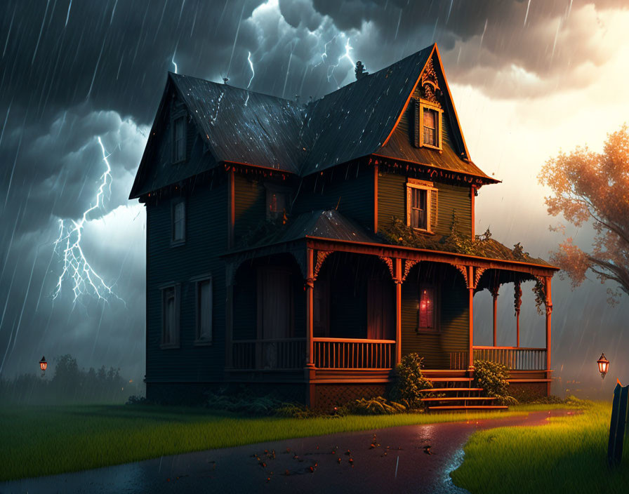 Victorian-style house in stormy sky with lightning and heavy rain