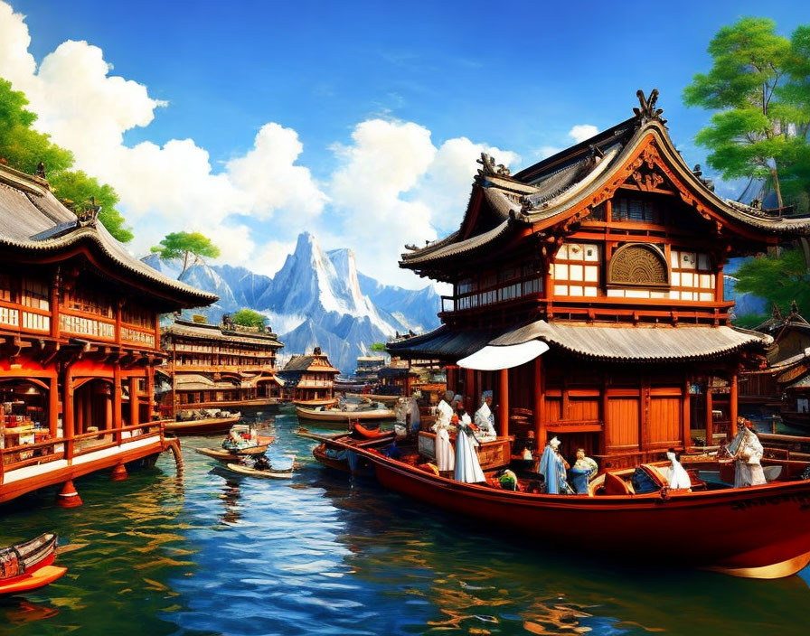 Asian waterfront village: wooden architecture, boats, people in cultural attire, misty mountains.