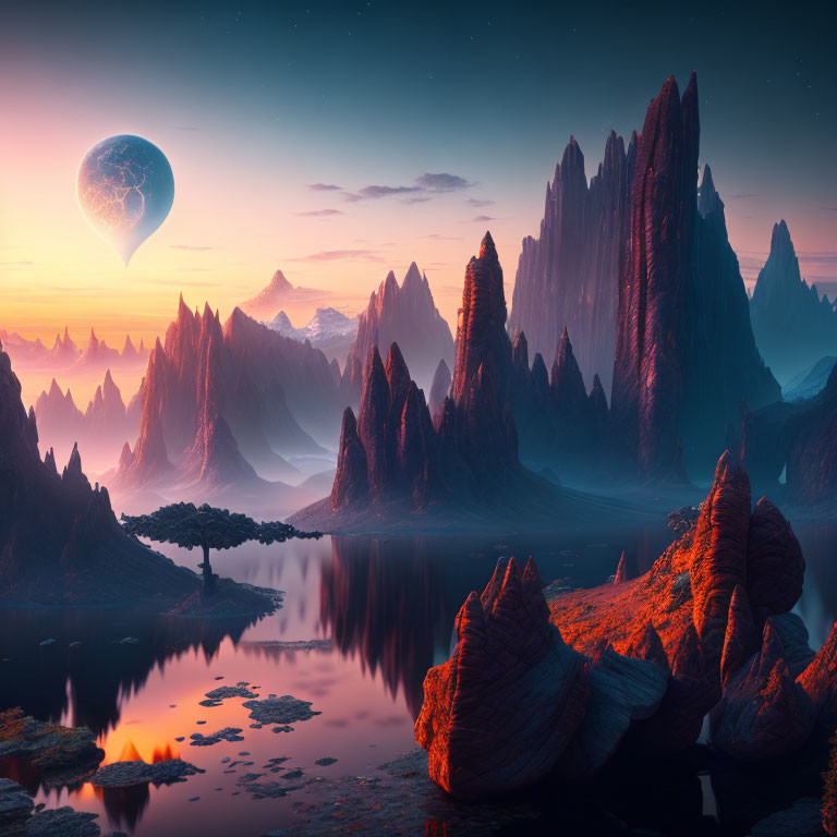 Fantastical landscape with rock formations, lake, tree, and massive planet.