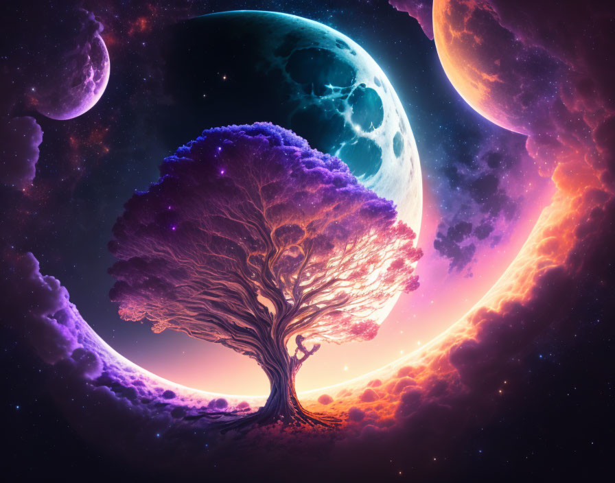 Colorful cosmic scene with tree, planets, and moons