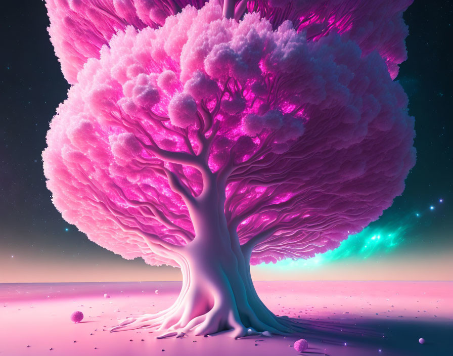 Fantasy illustration: Large pink tree under starry sky with aurora lights