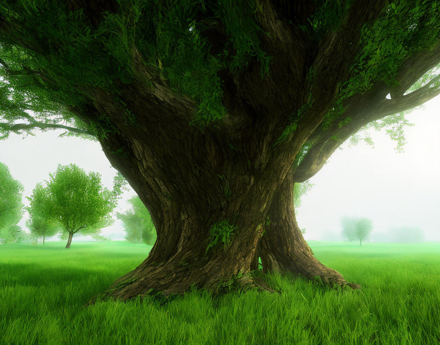 Majestic large tree in vibrant field with misty background