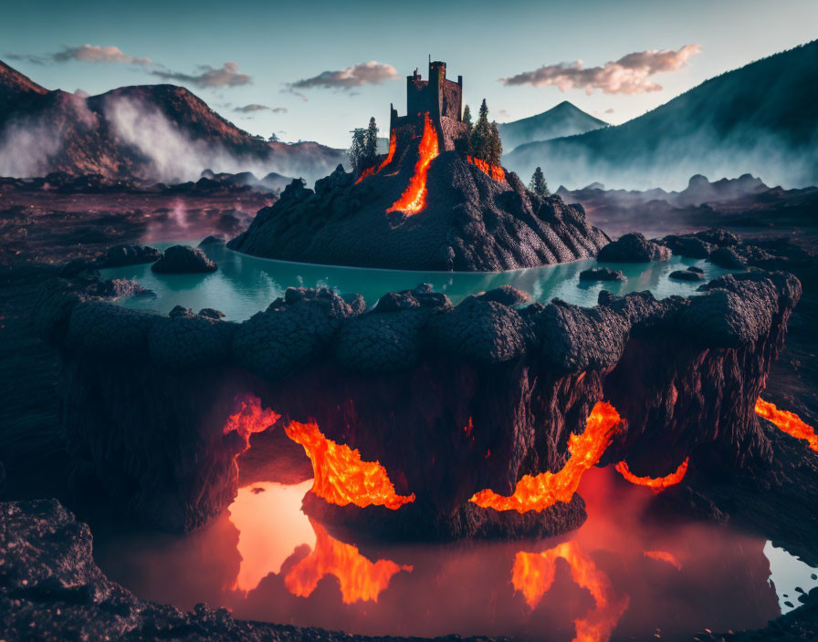Fantastical castle on rugged island amid lava flows and misty mountains