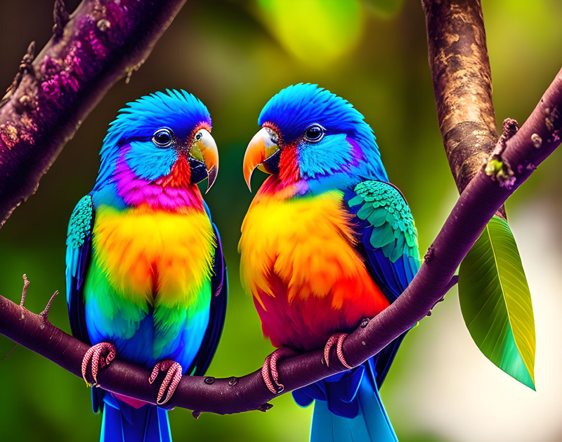 Colorful Parrots Perched on Branch with Green Background