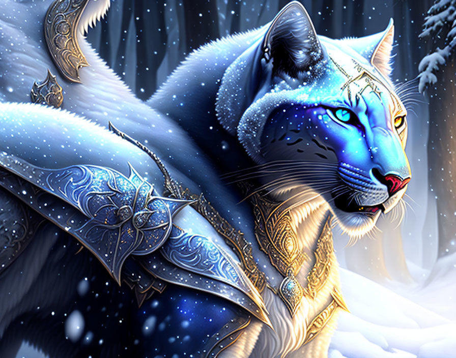 Fantasy blue and white cat in gold armor in snowy forest