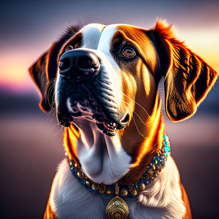 Brown and White Dog Portrait with Sparkling Necklace on Sunset Background