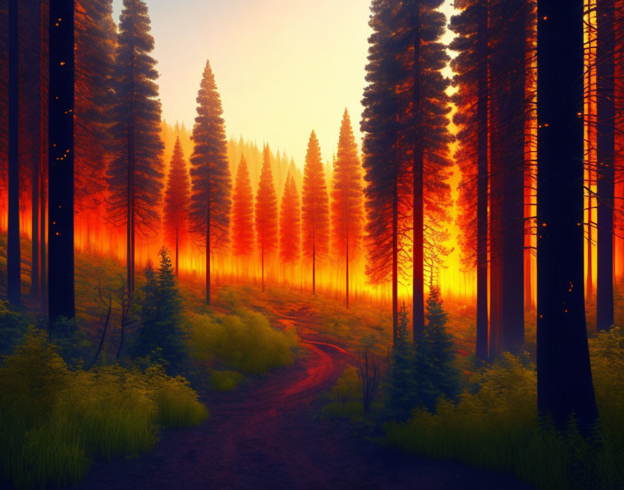 Sunset illuminates winding forest path among tall trees