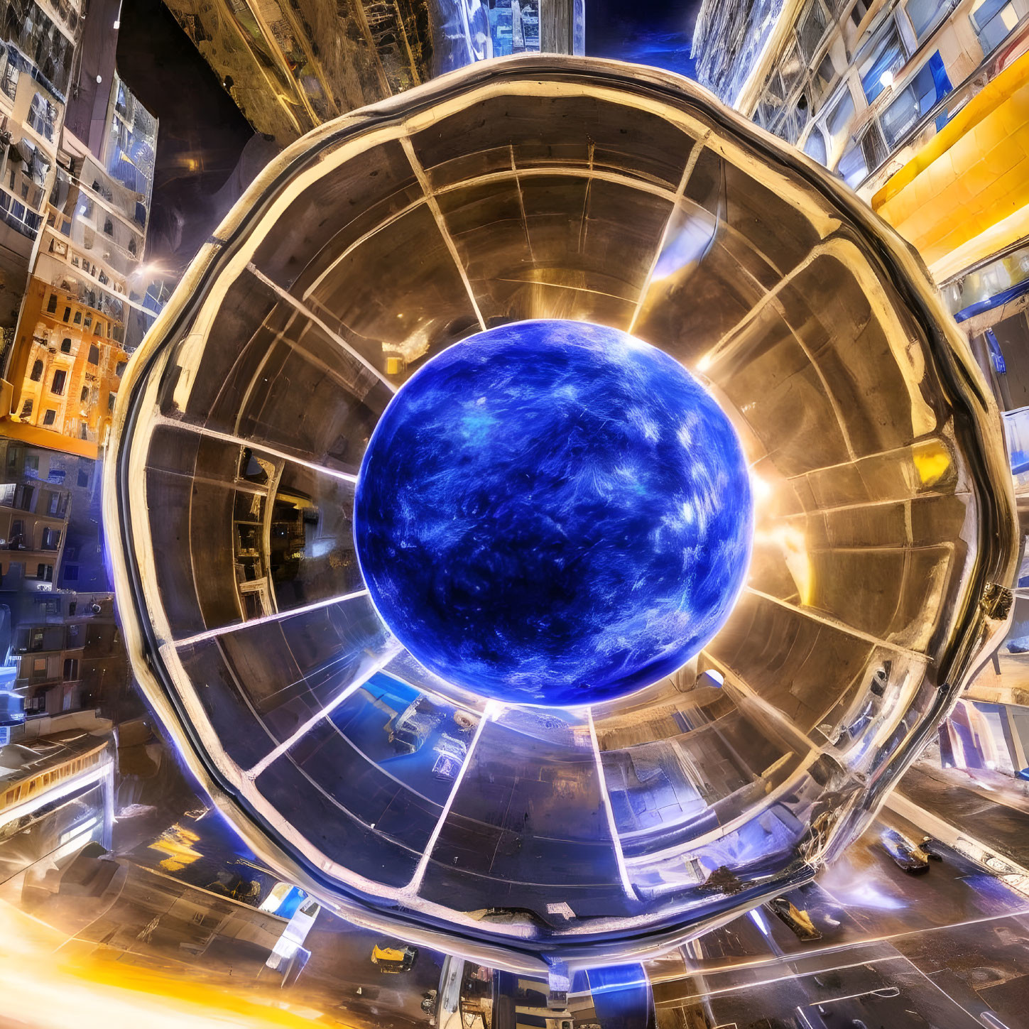 Cityscape at Night with Spherical Distortion and Glowing Blue Sphere