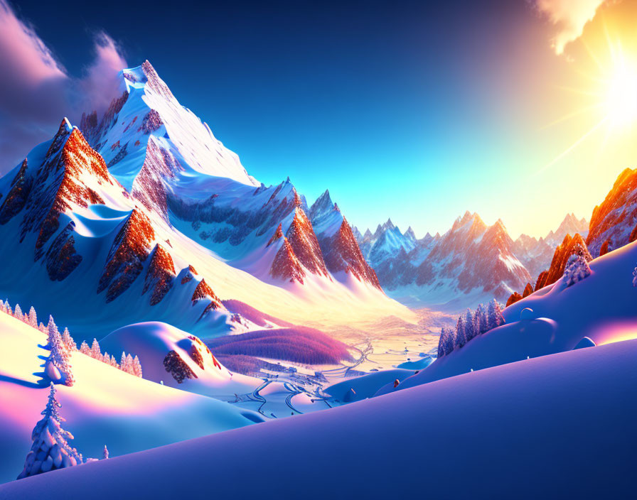 Snow-covered mountains and trees in vibrant sunrise over serene valley
