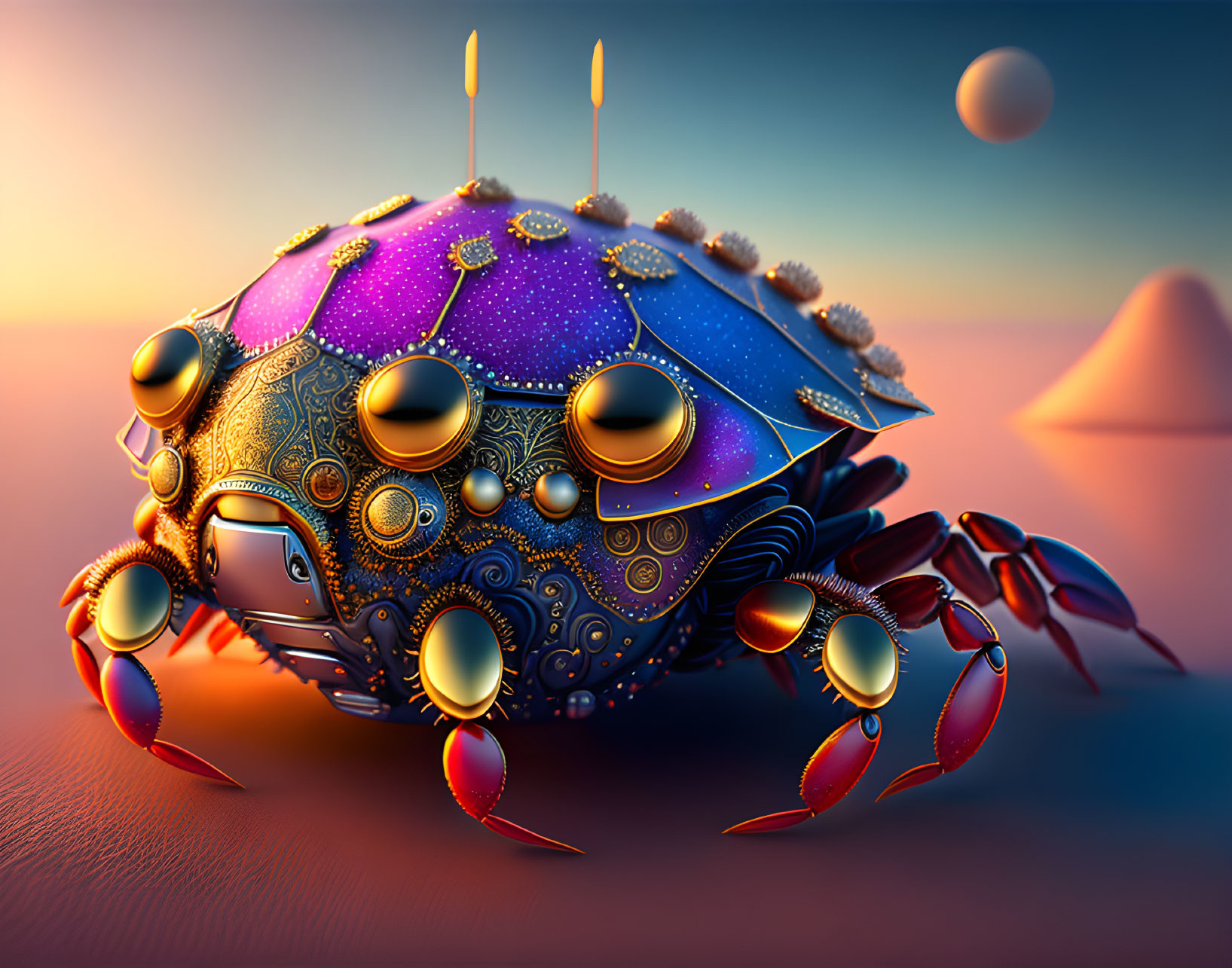 Mechanical crab art with ornate decorations in sunset scenery