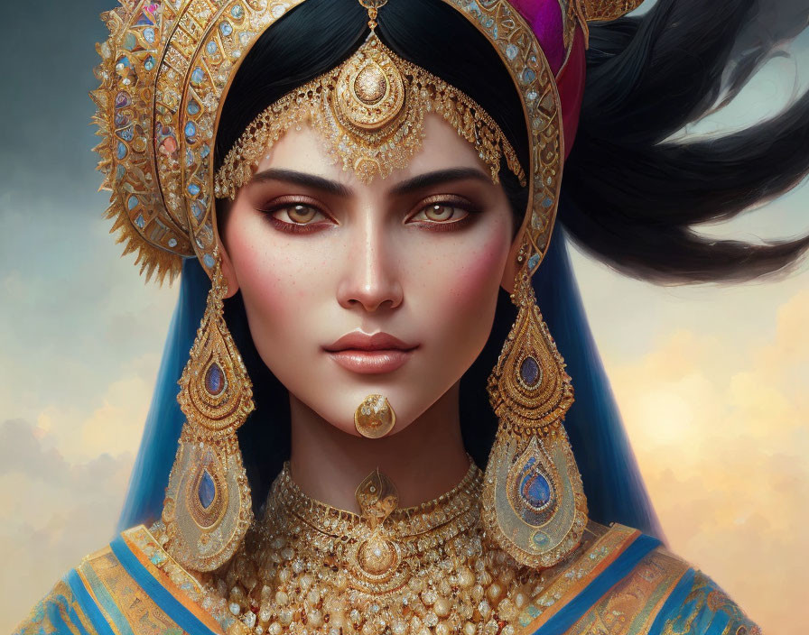 Portrait of Woman with Striking Features and Intricate Golden Jewelry