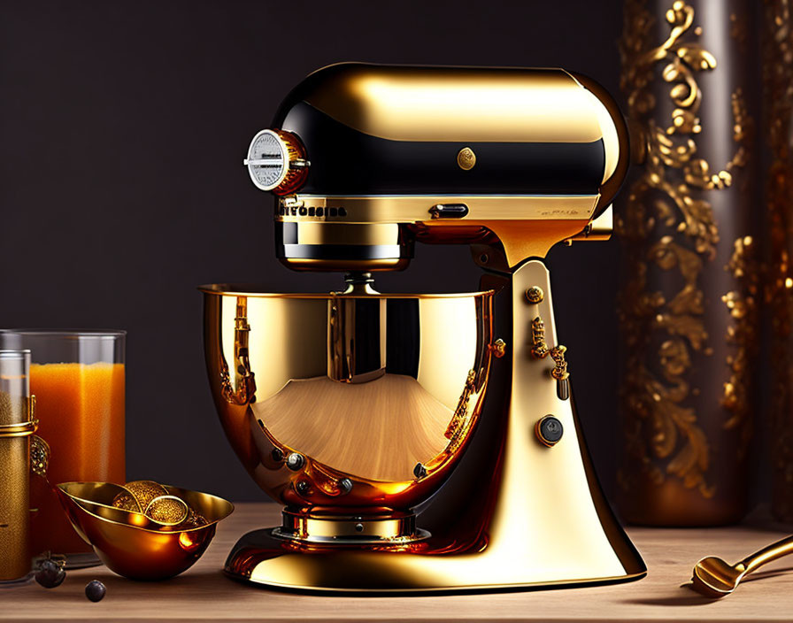 Luxurious Gold Kitchen Stand Mixer and Accessories on Dark Countertop