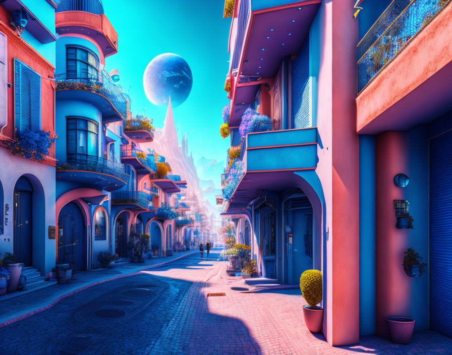Colorful Street Scene with Pastel Buildings, Cobblestone Path, and Oversized Moon in Purple