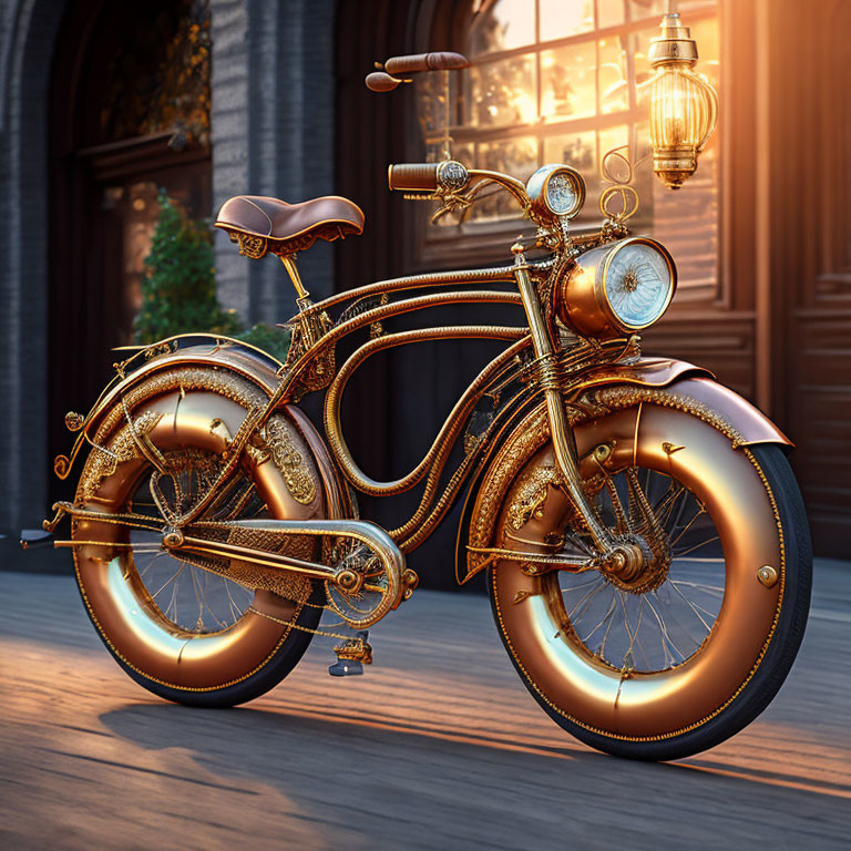 Steampunk bicycle with brass detailing parked by wooden doors