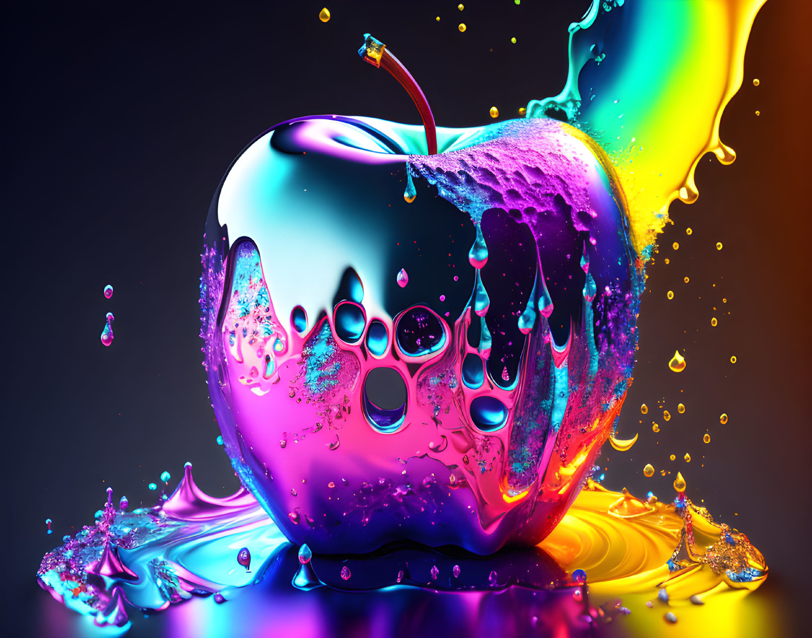 Colorful 3D apple with liquid splash on dark background