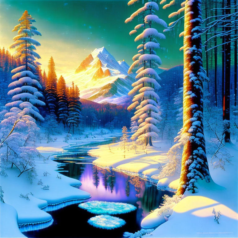 Snow-covered trees, reflective river, glowing mountain peak in serene winter landscape