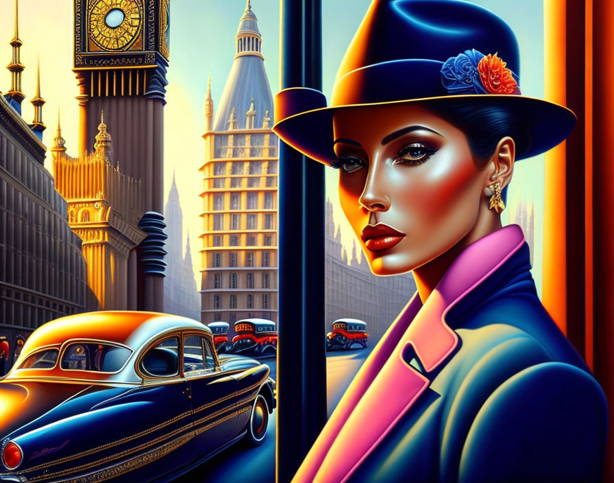 Colorful illustration: stylish woman in hat with London backdrop, Big Ben, classic car.