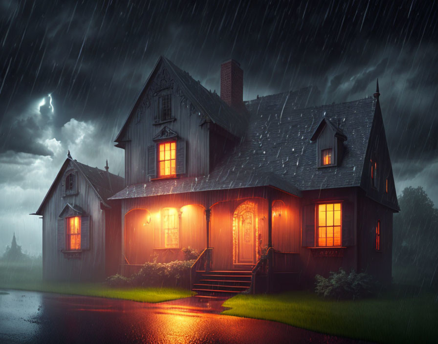 Dark storm clouds loom over a glowing house in heavy rain and lightning