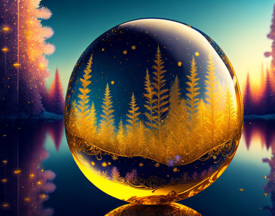 Crystal Ball Reflects Golden Forest and Starry Sky on Blue Water